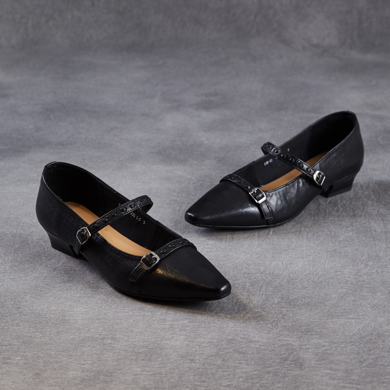 Women Shoes Black - รองเท้าส้นเตี้ยสีน้ำตาลดำสไตล์เกาหลีสำหรับผู้หญิง หัวเหลี่ยม สายรัดหัวเข็มขัด ดีไซน์หวาน รองเท้าแมรี่เจนส์ ทำมือ