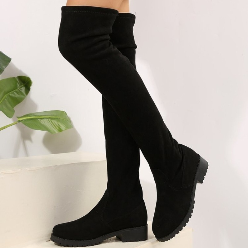 Sock Boot Women - รองเท้าบูทผู้หญิงแบบสวมเหนือเข่า ทรงสูงถึงต้นขา ผ้าสัมผัสคล้ายหนังกลับ ส้นเตี้ย ปลายมน สำหรับฤดูใบไม้ร่วงและฤดูหนาว