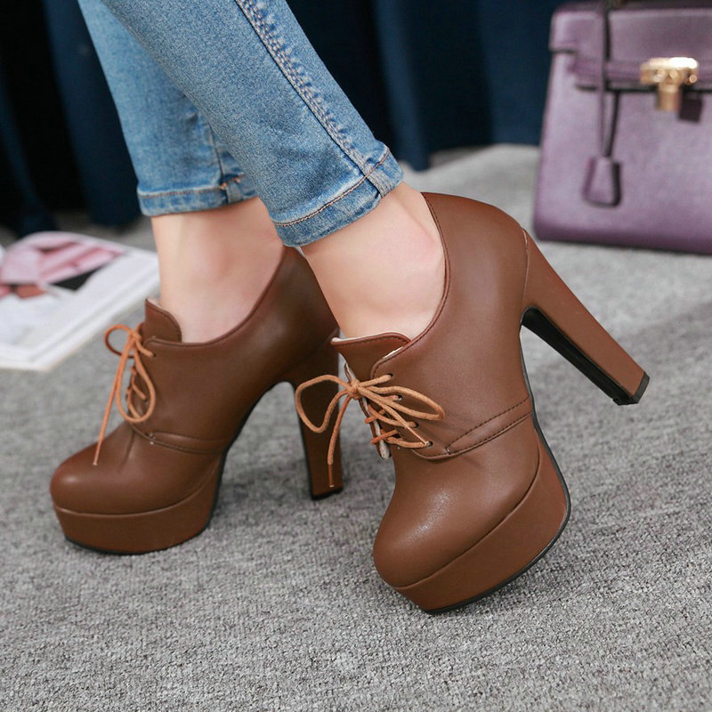Women'S Shoes Big Feet - รองเท้าเดอร์บี้แบบผูกเชือก ส้นหนา ส้นสูง สีน้ำตาล ดำ เทา