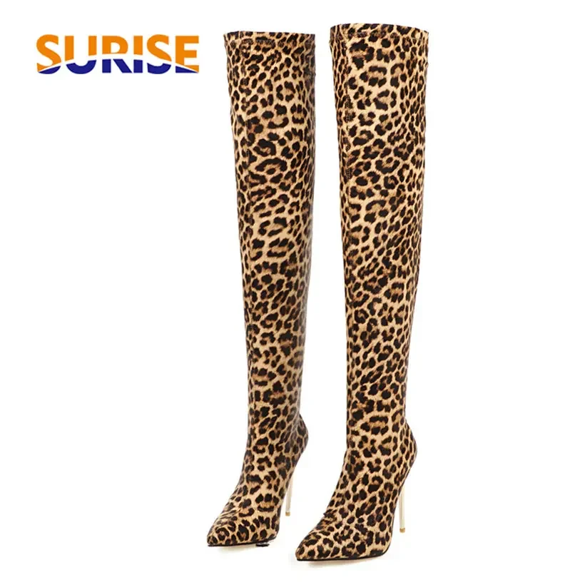 Sock Boot Women - Plus ขนาดยืดเสือดาวกว่าเข่ารองเท้ารองเท้าส้นสูงบางชี้ Toe ฤดูหนาวเซ็กซี่สุภาพสตรียาวต้นขาสูง Stripper ถุงเท้ารองเท้า