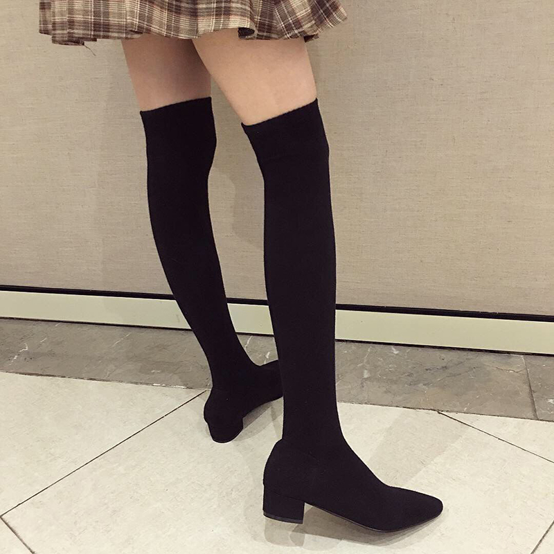Sock Boot Women - รองเท้าส้นเตี้ยสีดำสำหรับผู้หญิง ถุงเท้ายืดเหนือเข่า รองเท้าบูทปลายแหลมราคาถูก รองเท้าบูทยาวถักสีเทา รองเท้าส้นตึก
