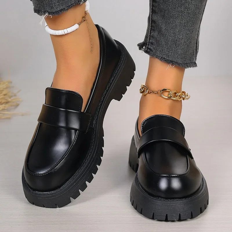 Women'S Shoes Loafers Black - รองเท้าโลฟเฟอร์หนัง PU สีดำ ไซส์ใหญ่ 35-43 สไตล์อังกฤษ