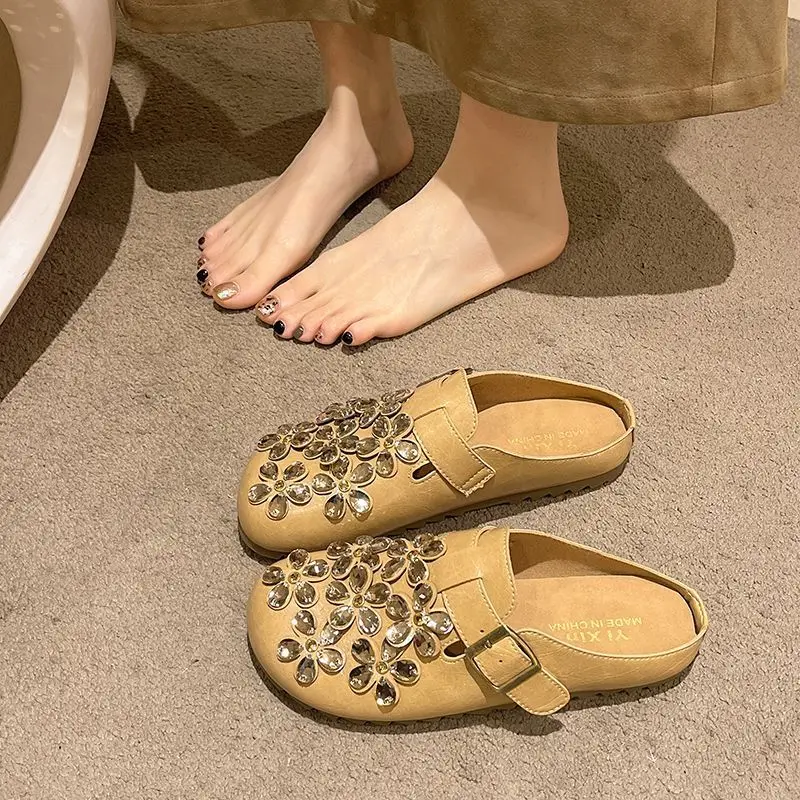 Women'S Shoes Clogs - รองเท้าแตะส้นเตี้ยแบบสวมประดับดอกไม้และเพชรเทียมสำหรับผู้หญิง สไตล์วินเทจลำลอง เหมาะสำหรับใส่ในชีวิตประจำวันและกิจกรรมกลางแจ้ง พร้อมบริการดรอปชิปและเป็นของขวัญ