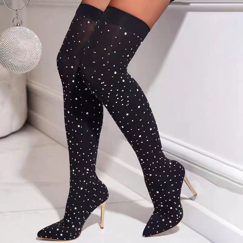 Sock Boot Women - Rhinestone Slimขายืดถุงเท้ารองเท้าผู้หญิง 2025 ฤดูร้อนฤดูใบไม้ร่วงตาข่ายรองเท้าส้นสูงยาวรองเท้าผู้หญิงPointed Toeกว่าเข่ารองเท้า