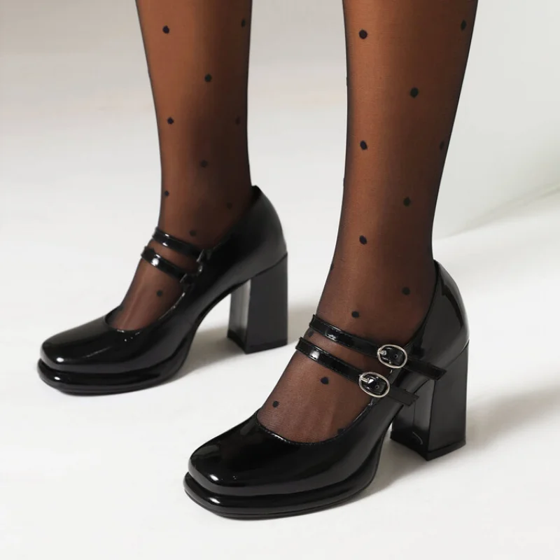 Women'S Shoes Big Feet - 2024ใหม่รองเท้าหนังส้นหนา8ซม. ที่รัดคู่หนังแก้วสำหรับพนักงานขายรองเท้าหนังสีดำขนาดใหญ่34-48สำหรับผู้หญิง