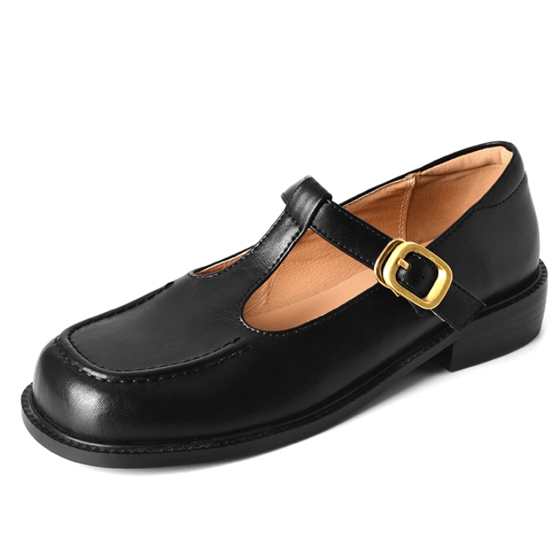 Women Shoes Black - รองเท้าส้นเตี้ยสตรีแบบสบาย ๆ หนังแท้แฟชั่นสบาย ๆ สายรัดรูปตัว T