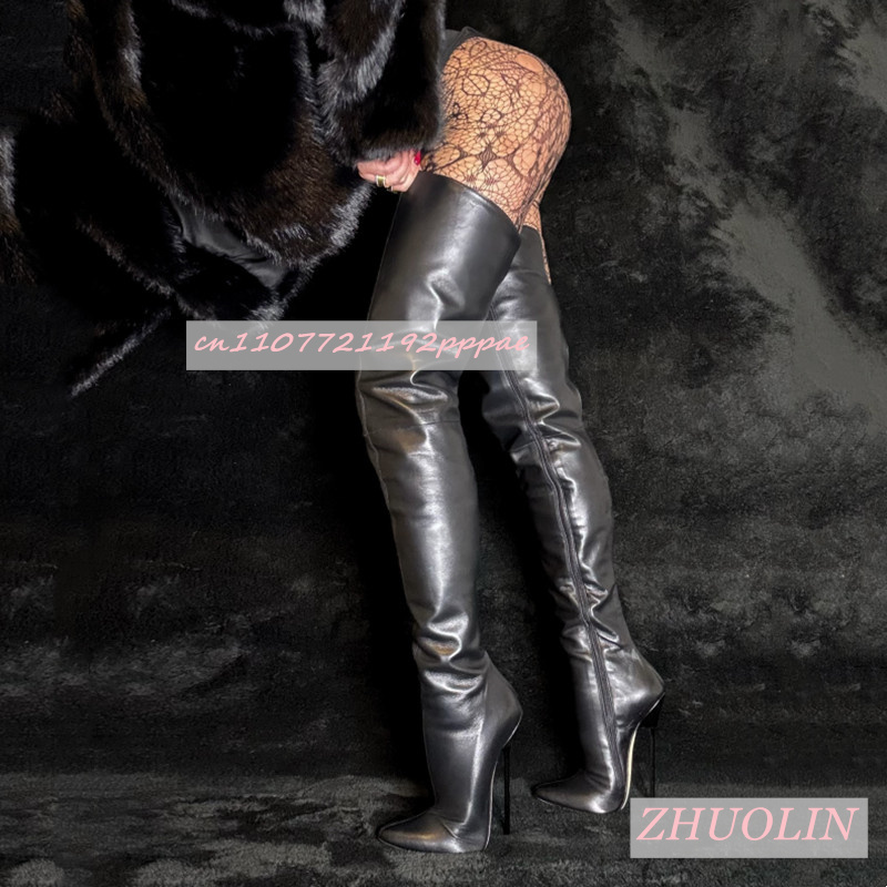 Sock Boot Women - รองเท้าบูทสีดำด้านเหนือเข่า หัวแหลม ส้นสูงพิเศษ ซิปด้านข้าง รองเท้าบูทยืดหยุ่น รองเท้าบูทสำหรับงานปาร์ตี้สุดหรู