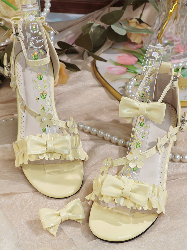 Women'S Shoes Clogs - รองเท้าส้นหนาแบบเปิดนิ้วเท้าประดับโบว์ลายดอกไม้สไตล์โลลิต้าแบบญี่ปุ่น ไซส์ใหญ่ วัสดุหนังแก้ว สำหรับฤดูร้อน รองเท้าผู้หญิง
