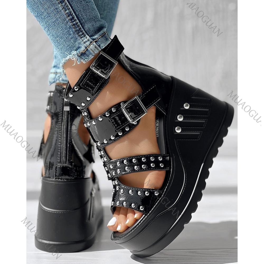 รองเท้าส้นหนาแบบเปิดนิ้วเท้าสี - Women Shoes Black บทวิจารณ์และราคา