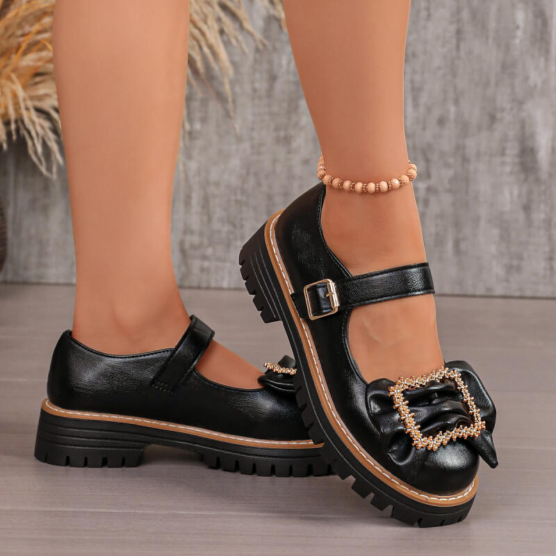 รองเท้าแมรี่เจนพื้นหนาประดับโบ - Women'S Shoes Loafers Black บทวิจารณ์และราคา