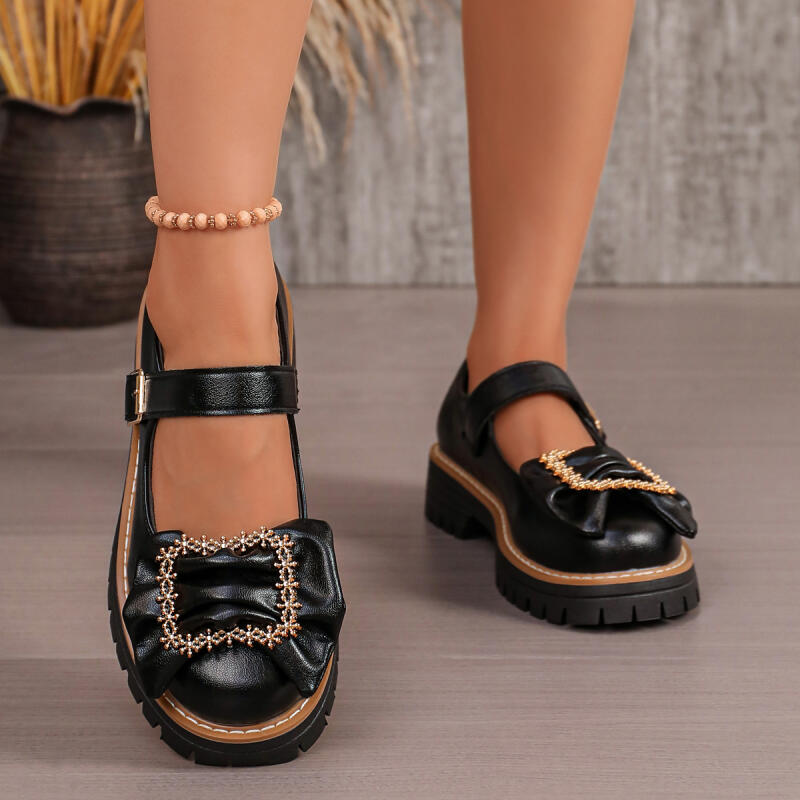 รองเท้าแมรี่เจนพื้นหนาประดับโบ - Women'S Shoes Loafers Black บทวิจารณ์และราคา