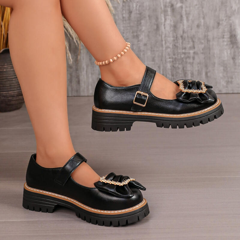 รองเท้าแมรี่เจนพื้นหนาประดับโบ - Women'S Shoes Loafers Black บทวิจารณ์และราคา