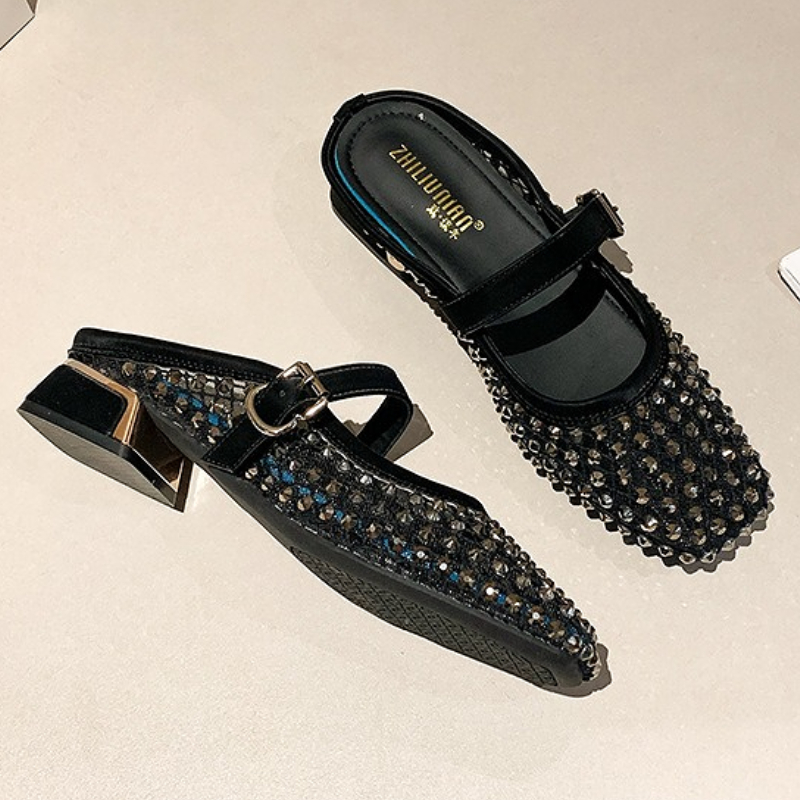 รองเท้าแตะส้นหนาประดับเพชรตาข่ - Mule Slip On บทวิจารณ์และราคา